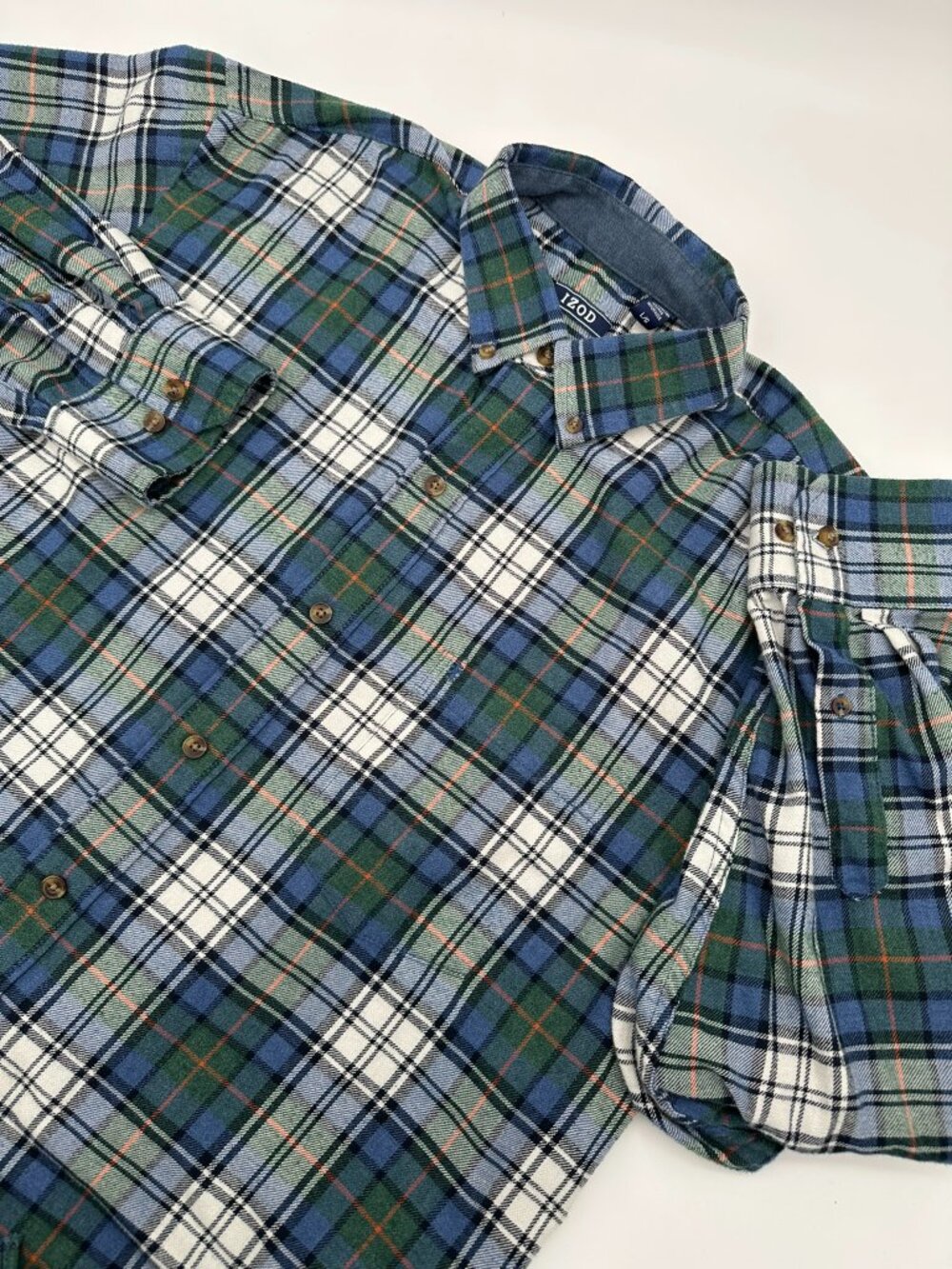 IZOD Men's Long Sleeve Button Down Flannel Plaid Shirt, Size Large, Green/Blue